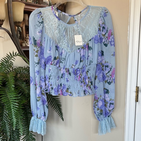 Free People Tops - Free People Blue Floral Lace Blouse